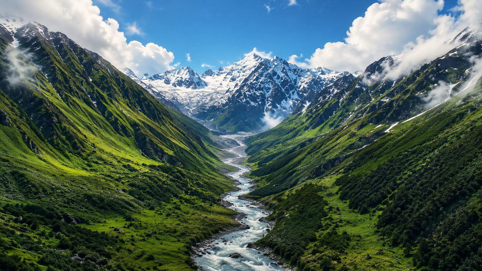 A glacial river flowing through a green valley sheltered by snow-capped mountain peaks